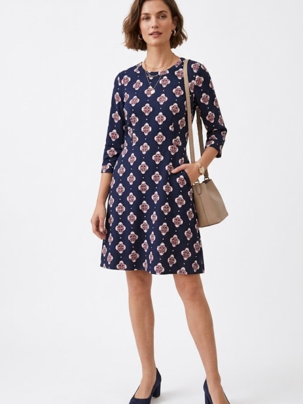 LOFT Ann Taylor Navy Blue Floral A-Line Dress 3/4 Sleeve Sz 10 Back Zip